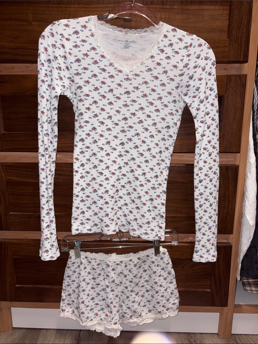 Brandy Melville White Floral Thermal Top & Shorts Set